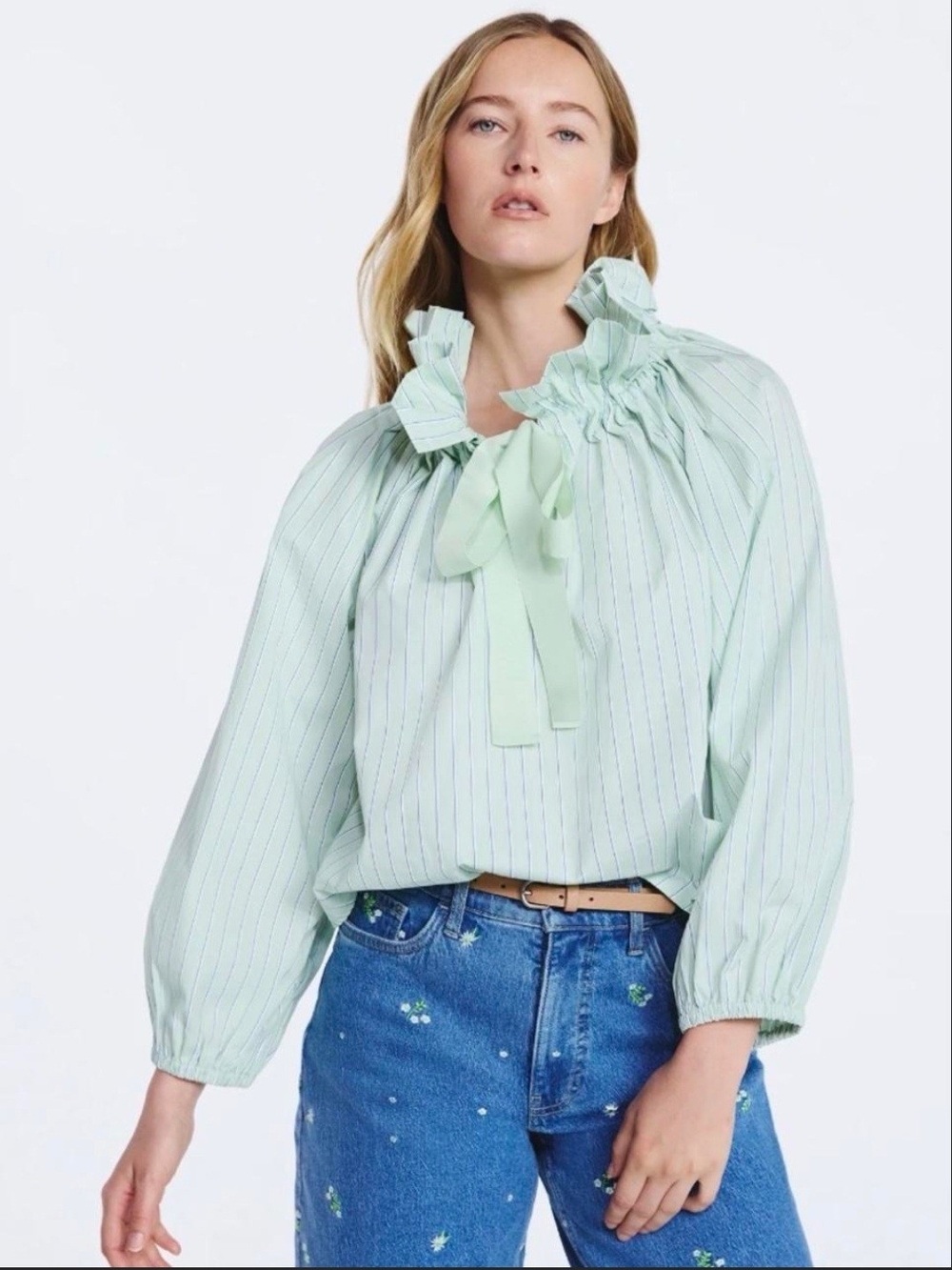 Free Assembly Light Mint Pinstripe Ruffle-Neck Tie Blouse - Top Size XS